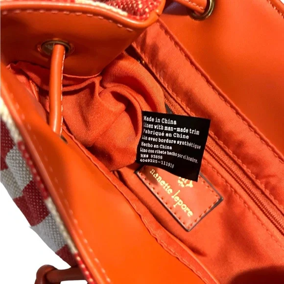 Nanette Lepore Linen Vegan Leather Backpack Red White Classic Preppy Academia - Picture 5 of 6